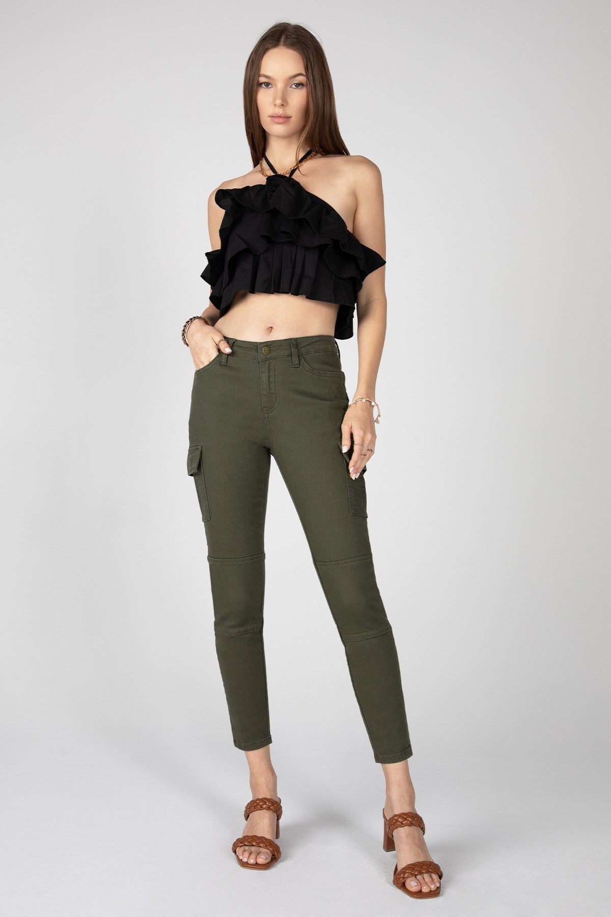 Amanda Mid Rise Cargo Skinny - Olive